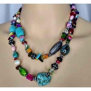 Boho  Turquoise Rose Quartz Semi-Precious Stones Double Strand Beaded Necklace